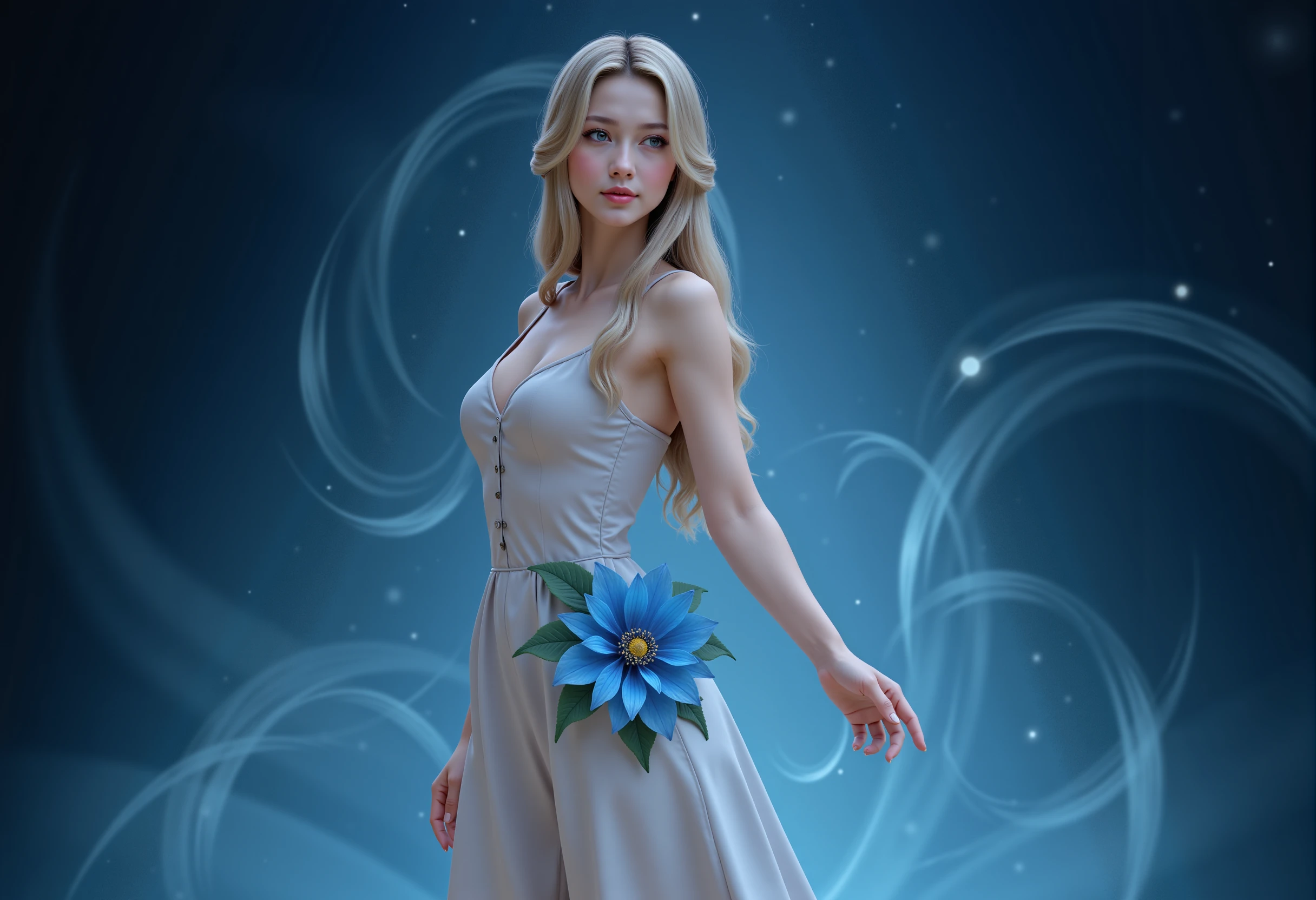 <lora:AntiBlur:2>, ffx5_style
ffx5_style, a highly detailed, realistic CGI image, a digital artwork featuring a young woman with a serene and mystical aura. She has long, flowing blonde hair that cascades down her back, and her skin has a soft, pale complexion. Her eyes are a bright, piercing blue, and she wears a delicate, white gown that appears to be made of a lightweight, flowing material. The gown is adorned with a large, blue flower at the neckline, which adds a touch of whimsy and elegance. The background is a dark, gradient blue, with swirling, ethereal patterns that evoke a sense of mystery and otherworldliness. The woman's outstretched right hand seems to be reaching into the darkness, as if inviting or beckoning something towards her. The overall atmosphere is one of calm, ethereal beauty, with a sense of enchantment and wonder. The lighting is soft and diffused, with subtle highlights that accentuate the textures and details of the woman's hair and gown. The image has a dreamy, almost surreal quality, with a focus on capturing the subject's serene and mystical essence. The style is reminiscent of fantasy art, with a focus on realism and detailed textures. The overall mood is peaceful and enchanting. The woman's expression is calm and inviting, with a hint of curiosity, adding to the enchanting atmosphere of the image. The background's dark, swirling patterns create a sense of depth and mystery, drawing the viewer's eye into the scene.