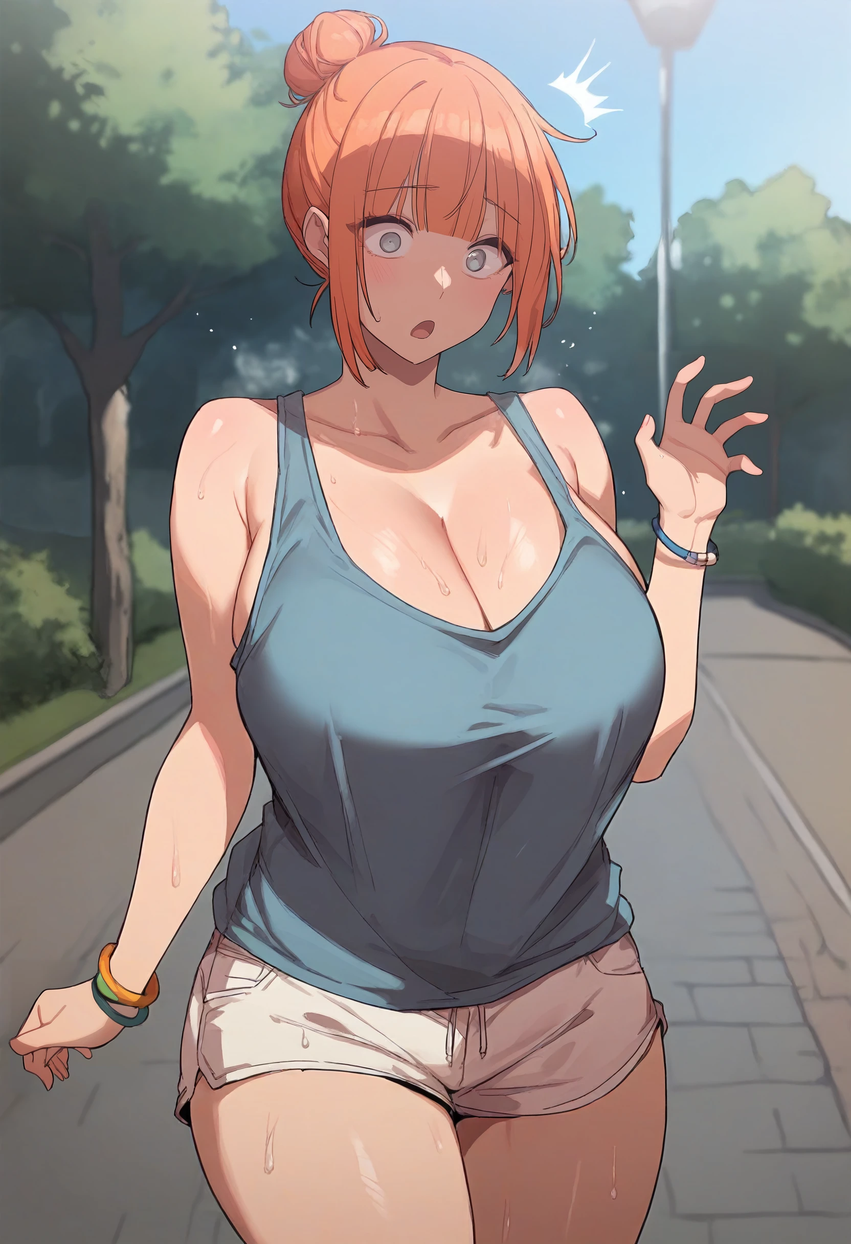 score_9, score_8_up, score_7_up, score_6_up, source_anime, rating_explicit, 1girl, solo, huge breasts, <lora:Gwen prefectPonyxl:0.9> single hair bun, orange hair, grey eyes, blunt bangs, sidelocks, short hair, blue eyes, white tank top, white shorts, short shorts, bracelet, surprised, park, outdoors, looking at viewer, close-up, walking