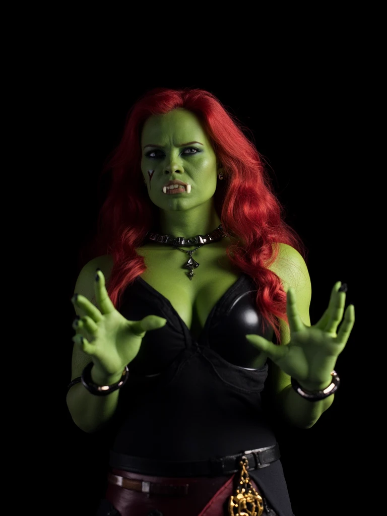 An orc woman stands against a stark black backdrop. The figure's face is adorned with a green face, adorned with sharp white teeth, a black necklace, and a black and gold necklace. Her long, wavy red hair cascades over her shoulders, framing her face. Her eyes are a piercing blue, adding a pop of color to the otherwise monochromatic scene. Her hands are positioned in a way that creates a striking contrast to her figure's outfit. She is wearing a black tank top with a gold belt around her waist. Her arms are muscular, adding to the overall composition.