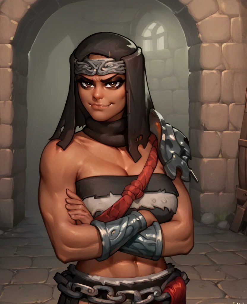 score_9,score_8_up,score_7_up,score_6_up,
nephelixl,black cowl,metal headband,brown eyes,eye shadow,eyeliner,
shoulder armor,strapless,midriff,bracer,chain,looking at viewer,
dungeon,underground, smug,cleavage,crossed arms,
solo,
<lora:NepheliXL>,