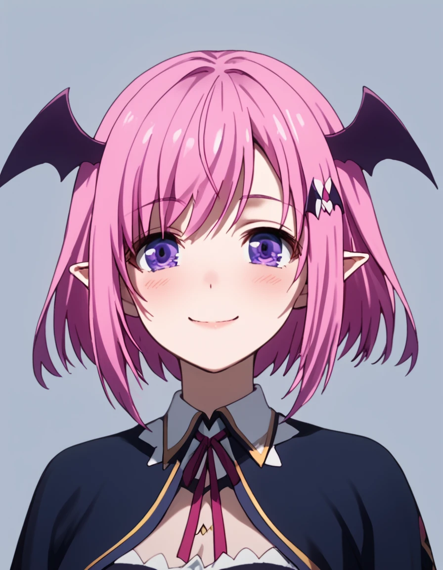 Ginny, short hair, purple eyes, pink hair, pointy ears, demon girl, head wings, demon wings, bat hair ornament, score_9, score_8_up, score_7_up, score_6_up, score_5_up, score_4_up, source_anime  <lora:GreatestDemonLordRebornasNobody:1>, portrait, soft smile,