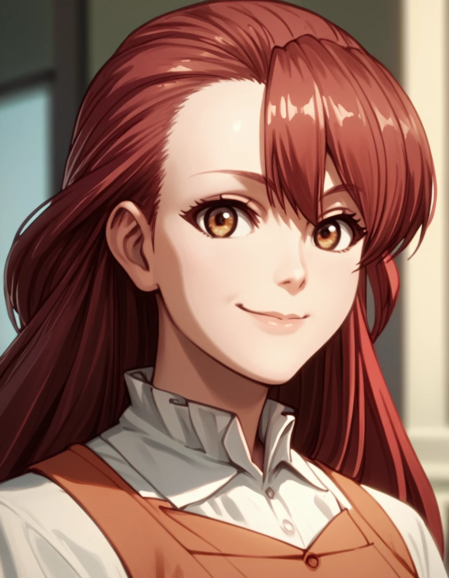 Carla, very long hair, brown eyes, red hair, score_9, score_8_up, score_7_up, score_6_up, score_5_up, score_4_up, source_anime  <lora:GreatestDemonLordRebornasNobody:1>, portrait, soft smile,