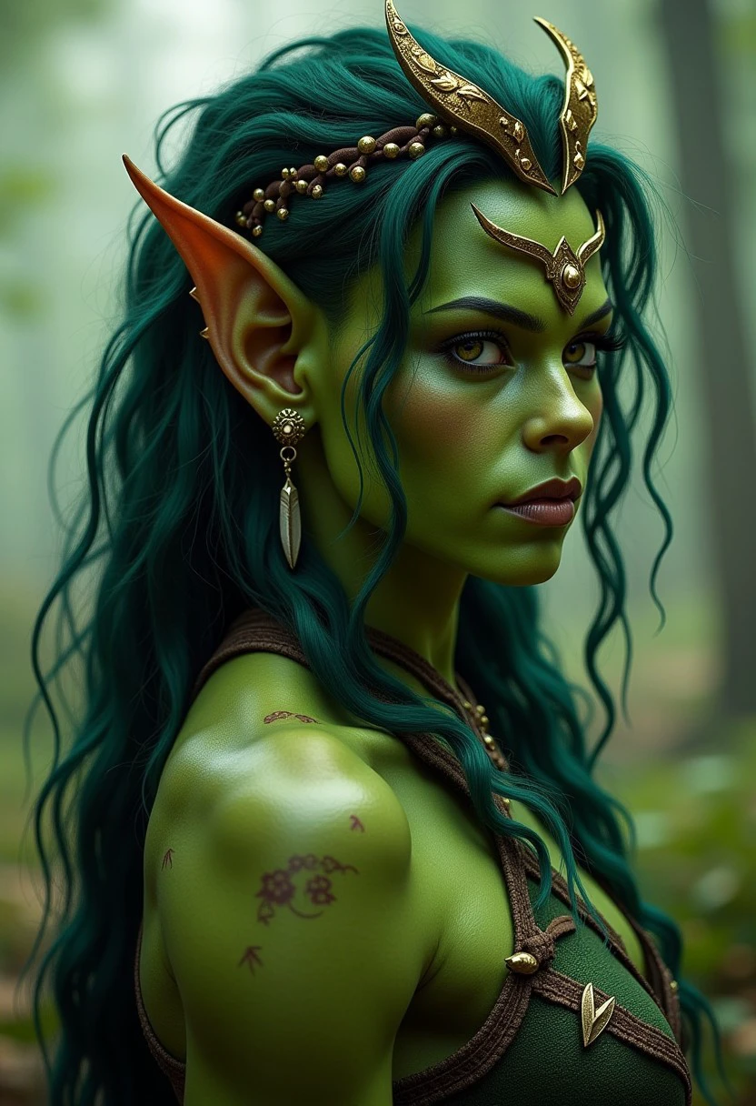 A realistic image of a green-skinned orc woman in a fantasy world.