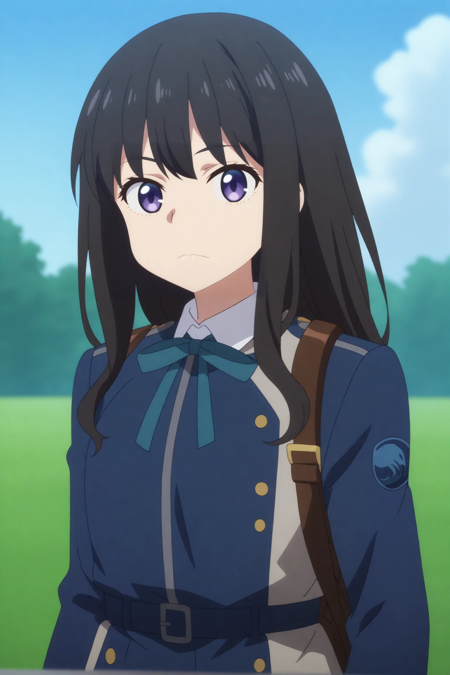 1girl,solo,takina inoue,18 years old girl,<lora:Takina_Inoue_-__Lycoris_Recoil.safetensors:0.8> , bangs,long hair,looking at viewer,lycoris uniform,ribbon,neck ribbon,collared shirt