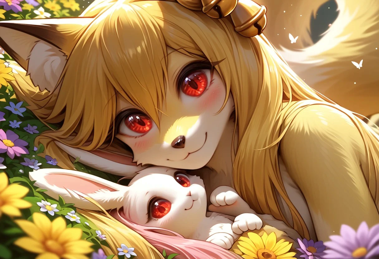 1girl, tail raised, furry female, fox tail, smile, long hair, hair bell, only furry, furry girl, animal ears, 1tail, fluffy tail, smile, red eyes,  score_9, score_8_up, score_7_up, solo, (anthro), masterpiece, (fluttershy), detailed background, (portrait), upright, seated, framed in flowers, (close up:2), circuitry in background, yellow hair, looking at viewer, many flowers in hair, holding rabbit, white rabbit, yellow body, (lying in flowers), butterfly, small breasts,  joyful, light smile,