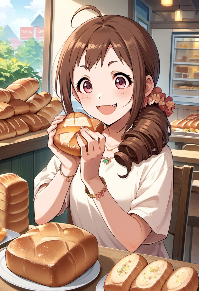 score_9, score_8_up, score_7_up, source_anime, oohara michiru, brown hair, drill hair, pink eyes, 1girl, food, bread, + +, solo, bracelet, jewelry, fang, smile, ahoge