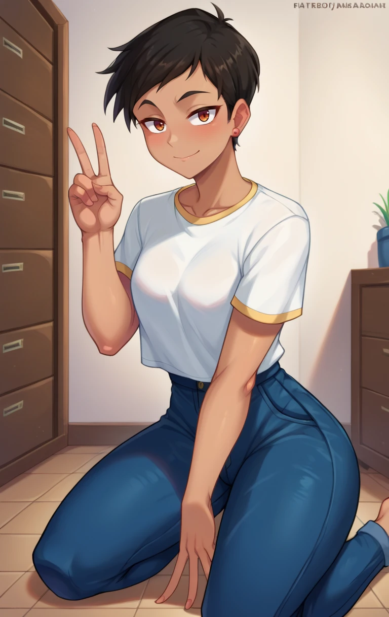 score_9,score_8_up,score_7_up BREAK <lora:lois:1>,LoisSDXL,1girl,short hair,black hair,brown eyes,jewelry,earrings,pants,dark skin,dark-skinned female,blue pants,white shirt,tomboy,room,room background,cowboy shot,kneeling, v,