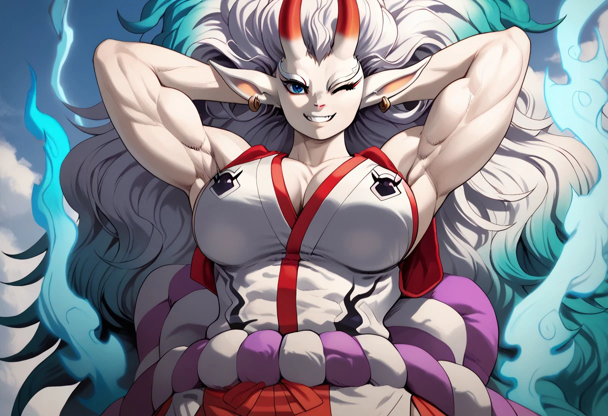 score_9, score_8_up, score_7_up, 1girl, solo, (pokkuti), Expressiveh, (HBYamato, female wolf, youkai female, oni horns, blue eyes, white body, white fur, white hair, blue hair, two tone hair, wavy hair, earrings, looking at viewer, smile, evil smile, angry, low-angle view, hands behind head, blue flames, flame manipulation, humanoid, muscular female, narrowed eyes, one eye closed, closed mouth), seductive red hakama, shimenawa, white kimono, dojo, daytime, detailed background, 4k, masterpiece, best quality, highly detailed, realistic