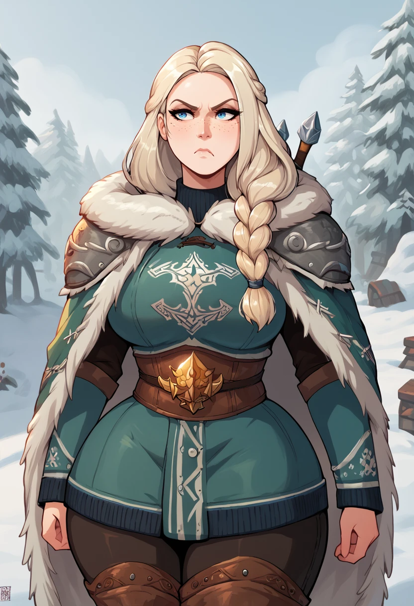 score_9, score_8_up, score_7_up,
1girl, solo, long hair, long hair, platinum blonde hair, pale blue eyes, freckled face, stern expression, hunter, fantasy clothing, thick winter clothing, fur armor, Viking warrior, shieldmaiden, fantasy setting, pear body type, Warhammer fantasy, winter background, thick thighs, wide hips, narrow waist, voluptuous, curvaceous body, outdoors, winter, snow storm, fur cloak, single braid, <lora:PulenKompot-AndroJuniarto_Style-PonyXL:0.8> androjuniarto