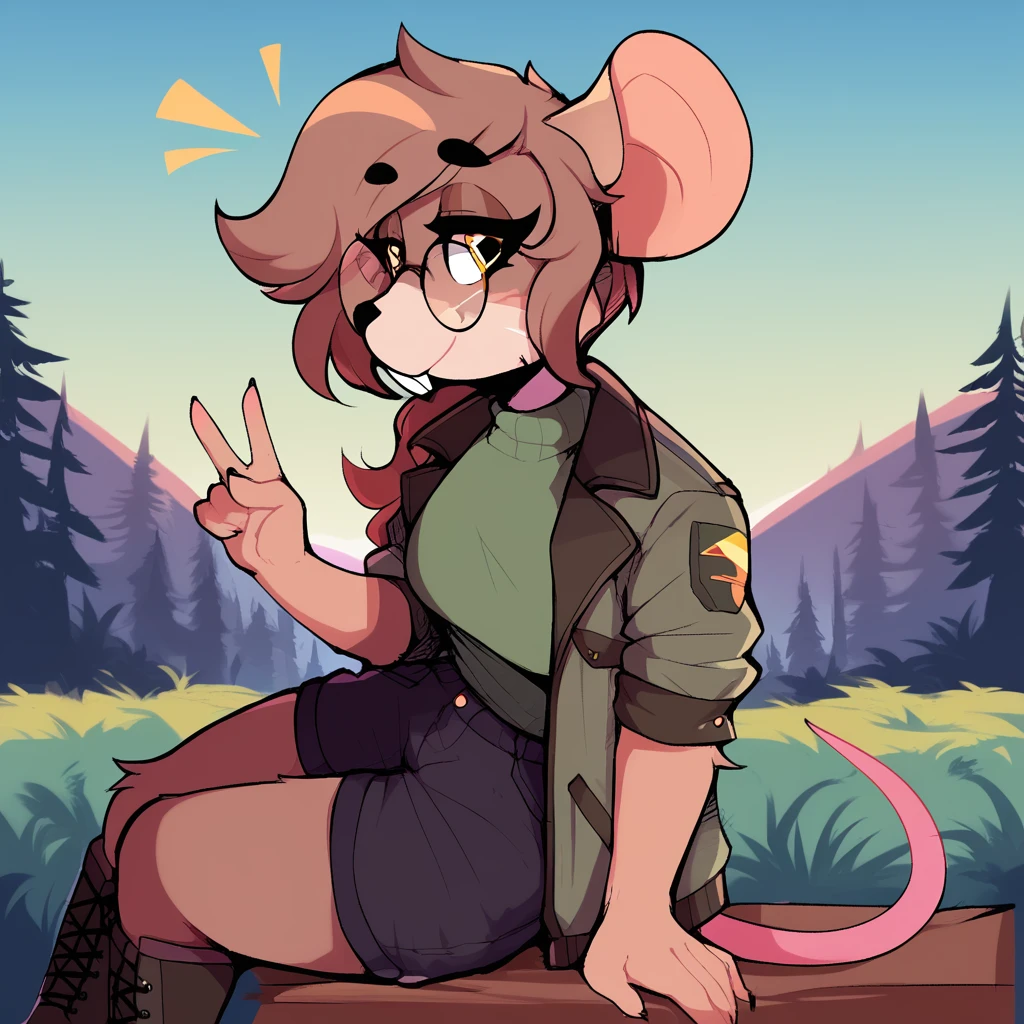 score_9_up, score_8_up, score_7_up, score_6_up, furry female, by remanedur, leah_pines(a.i.m), mouse, (round glasses), lying, yellow eyes, green jacket, green shirt, open jacket, black cargo shorts, combat boots, leaning, leaning against tree, outside, forest, tree, grass, camping, camp, smile, (solo), head tilt, ground, gesture,  <lora:Leah_Pines(AIM)_XL_v1:1>,  <lora:PDXL_artist_tags_v2_big:0.6> <lora:The-Minuscule-Task_PDXL_v1.0:0.6>