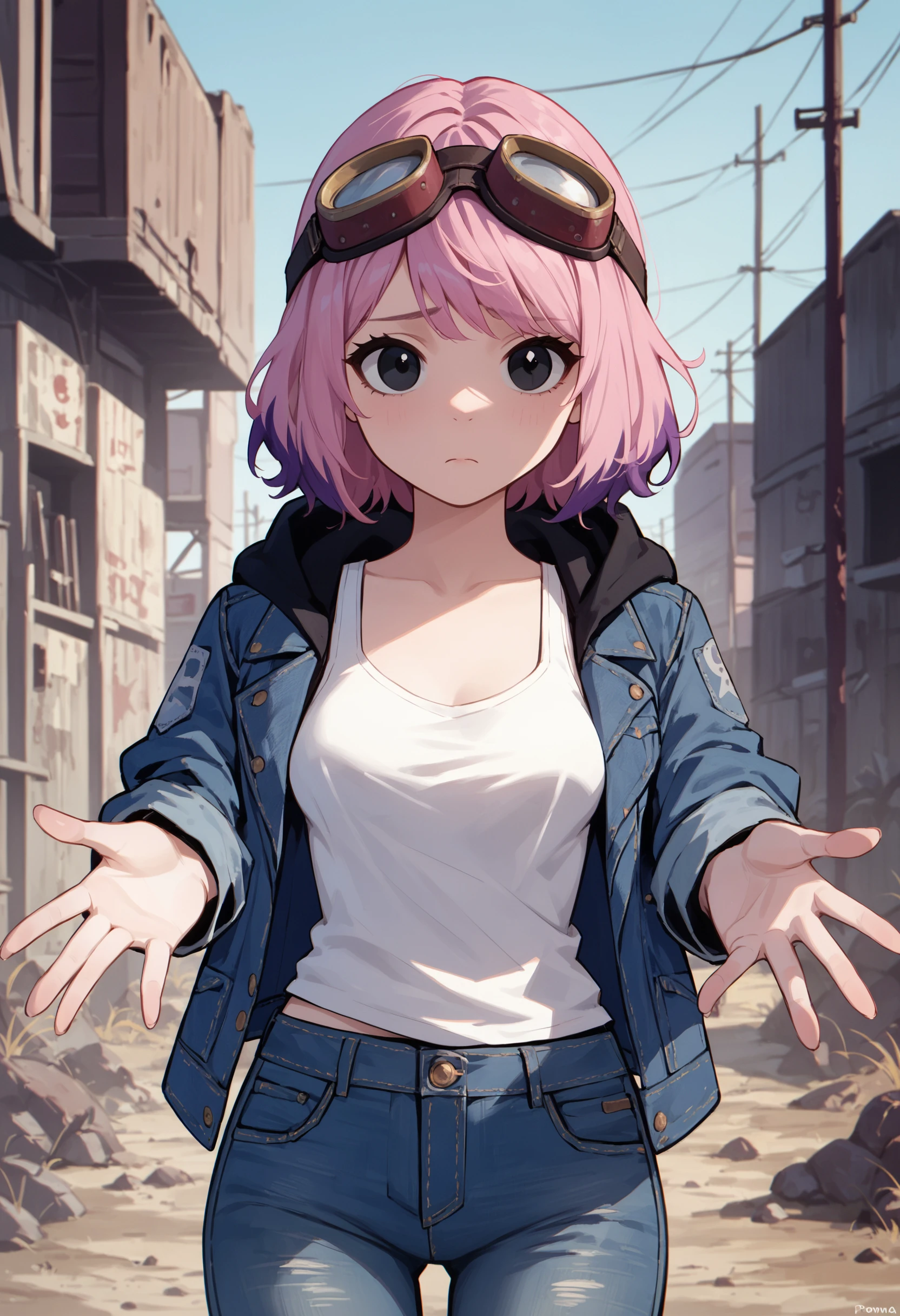 zPDXL3, score_9, score_8_up, score_7_up, score_6_up, score_5_up, score_4_up, 
1girl, medium breasts,
goggles on head, white tank top, denim jacket, open jacket, denim jeans, hooded jacket, 
sad, spread arms,
wasteland,
<lora:Scott Pilgrim TO - Ramona v1:0.6> spramona, ramona flowers, two-tone hair, pink hair, purple hair, black eyes, solo,