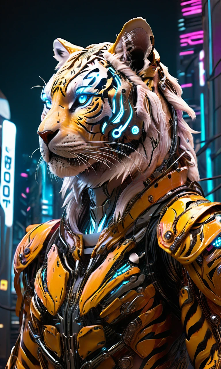 <lora:biomaniod:0.8>,xsbio, full-body portrait of a cyber tiger::3, glowing circuitry embedded in fur, mechanical claws::2, sleek and powerful pose, standing in a futuristic neon-lit cityscape, cinematic lighting, highly detailed textures, cyberpunk vibes