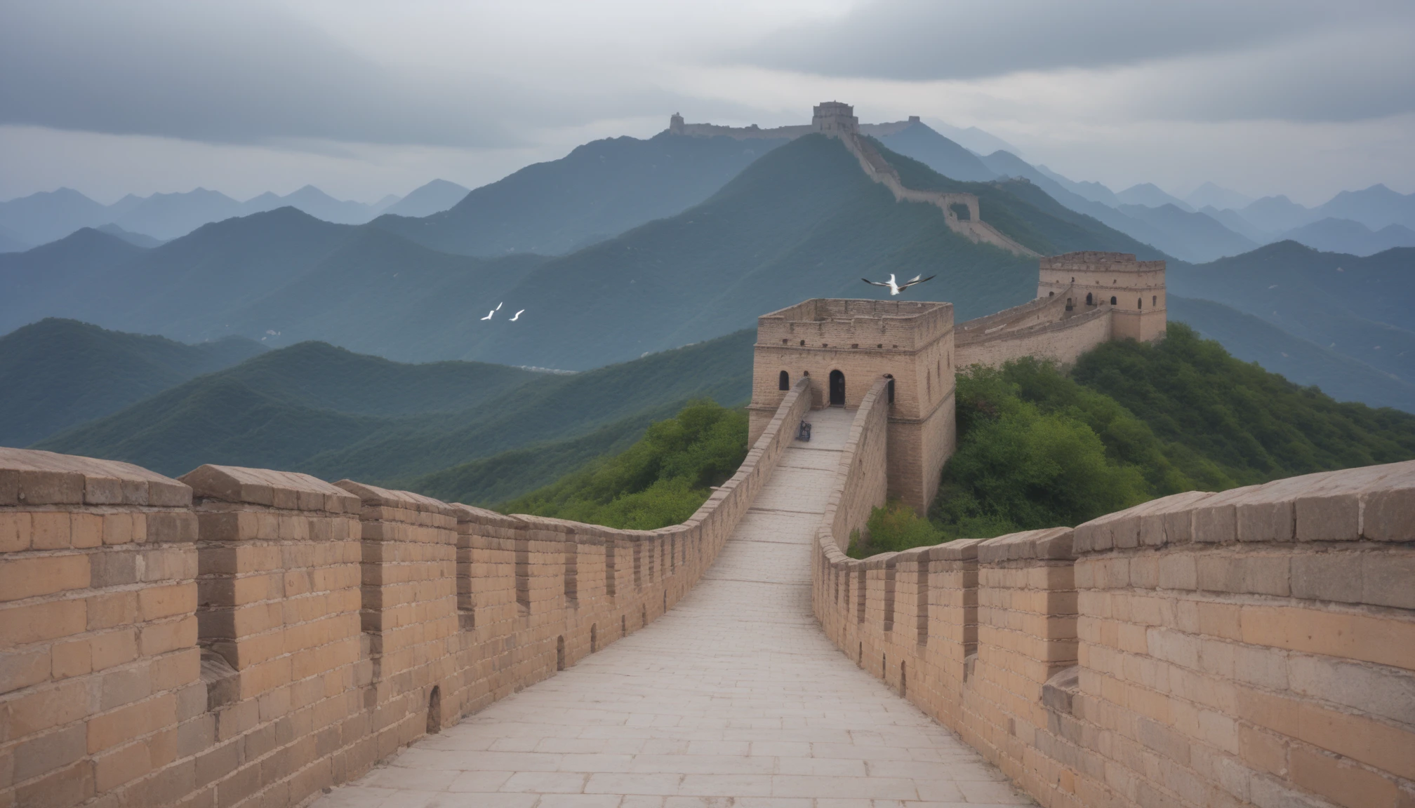 realistic, photorealistic, score_9,score_8_up,score_7_up,
stand on the Great Wall, beacon tower, mountains, rocks, scenery,  outdoors, sky, day, blue sky, deep sky, architecture,  building <lora:the-great-wall:1>, (flying bird),