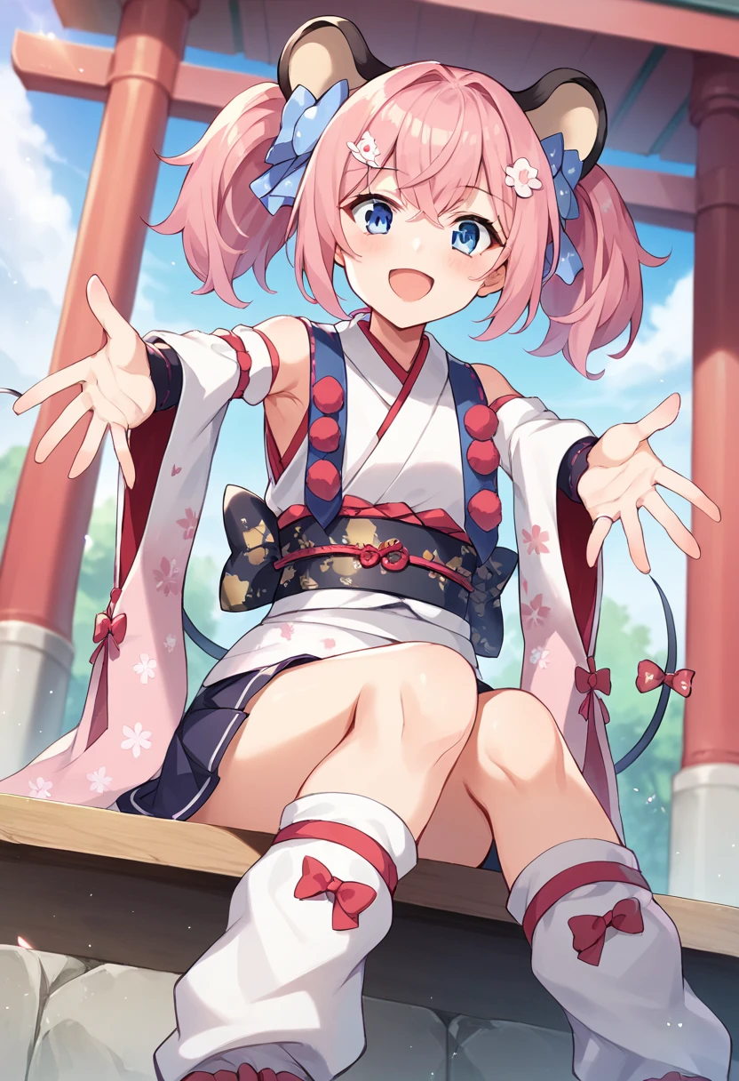 score_9,score_8_up,score_7_up,source_anime,masterpiece,best quality,game cg,1girl,solo,little_girl,un_(show_by_rock!!),pink hair,animal ears,blue eyes,mouse ears,twintails,tail,mouse tail,hair ornament,hair bow,japanese clothes,(floral print socks:1.1),detached sleeves,skirt,kimono,obi,wide sleeves,sleeveless kimonos,loose socks,pink socks,dynamic_angle,looking_at_viewer,smile,open mouth,outstretched_arms,shrine,knees,sitting,knee_up,<lora:unSB69:1>,white socks,convenient_leg,