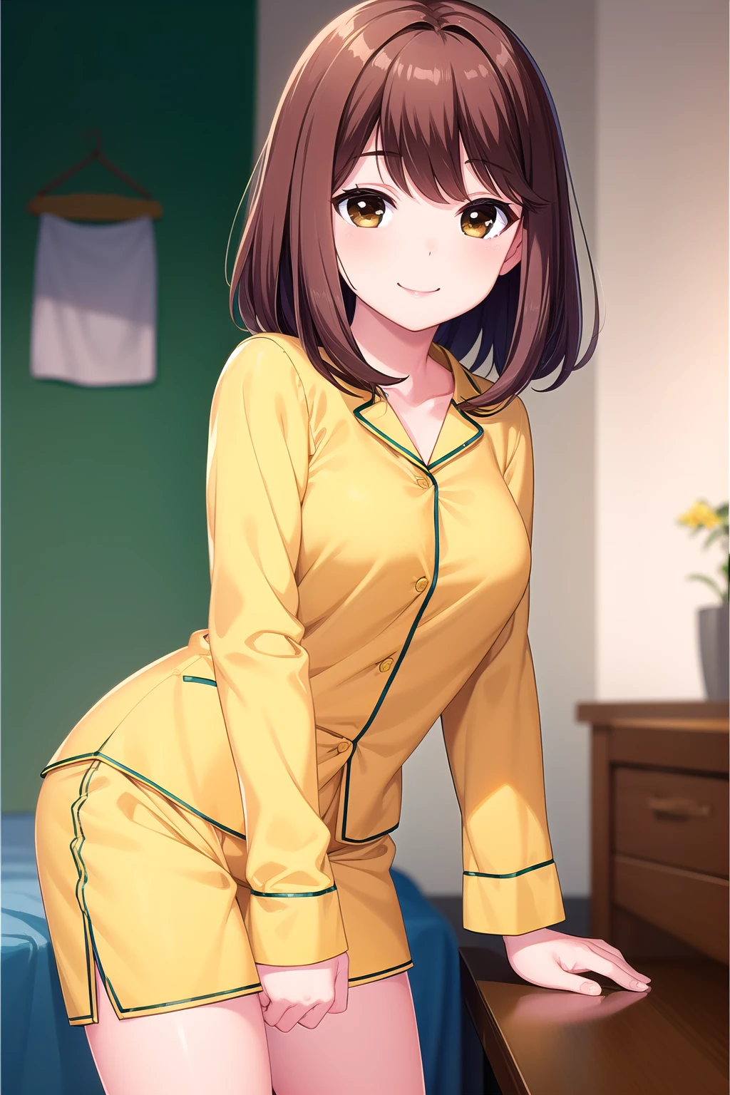 (masterpiece, best quality), highly detailed background, perfect lightingbest quality, shiinakokomi, solo, intdoors, bedroom, brown hair, swept bangs, medium hair, brown eyes, medium breasts, yellow pajamas, yellow shirt, long sleeves, yellow shorts, short shorts, smile, closed mouth, :), pink lips, <lora:Shiina-Kokomi:0.7>