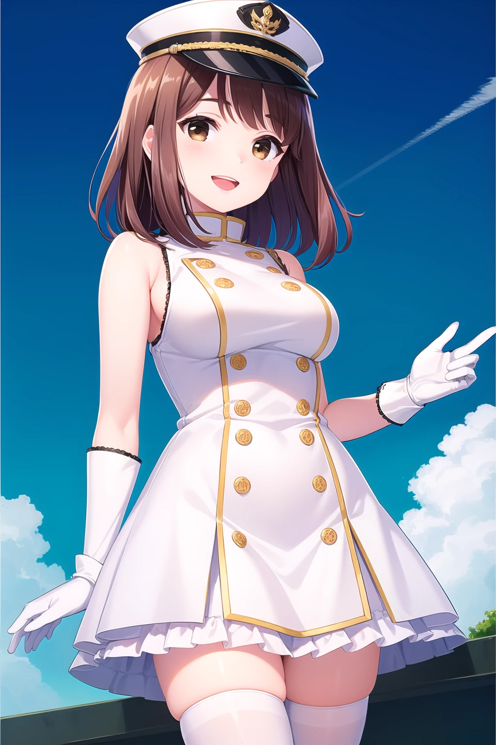 (masterpiece, best quality), highly detailed background, perfect lightingbest quality, shiinakokomi, solo, outdoors, peaked cap, white headwear, brown hair, swept bangs, medium hair, brown eyes, medium breasts, epaulettes, white dress, sleeveless dress, frilled dress, white shirt, white gloves, white skirt, blue skirt, miniskirt, white thighhighs, vertical-striped thighhighs, band uniform, smile, open mouth, :d, pink lips, <lora:Shiina-Kokomi:0.7>