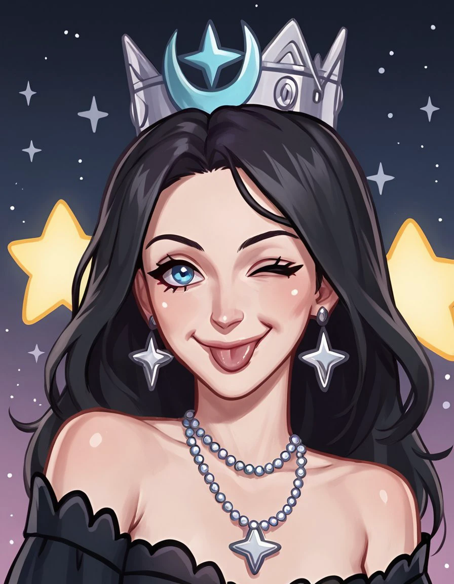 score_9, score_8_up, score_7_up, score_6_up, lilboots-dh BREAK, 1girl, solo, long hair, looking at viewer, smile, blue eyes, black hair, upper body, earrings, one eye closed, tongue, tongue out, necklace, off shoulder, star \(symbol\), black dress, crown  <lora:Sirin:0.7> <lora:add-detail-xl:0.3>  <lora:Artist_Style_-_LilBoots_PDXL:0.7>