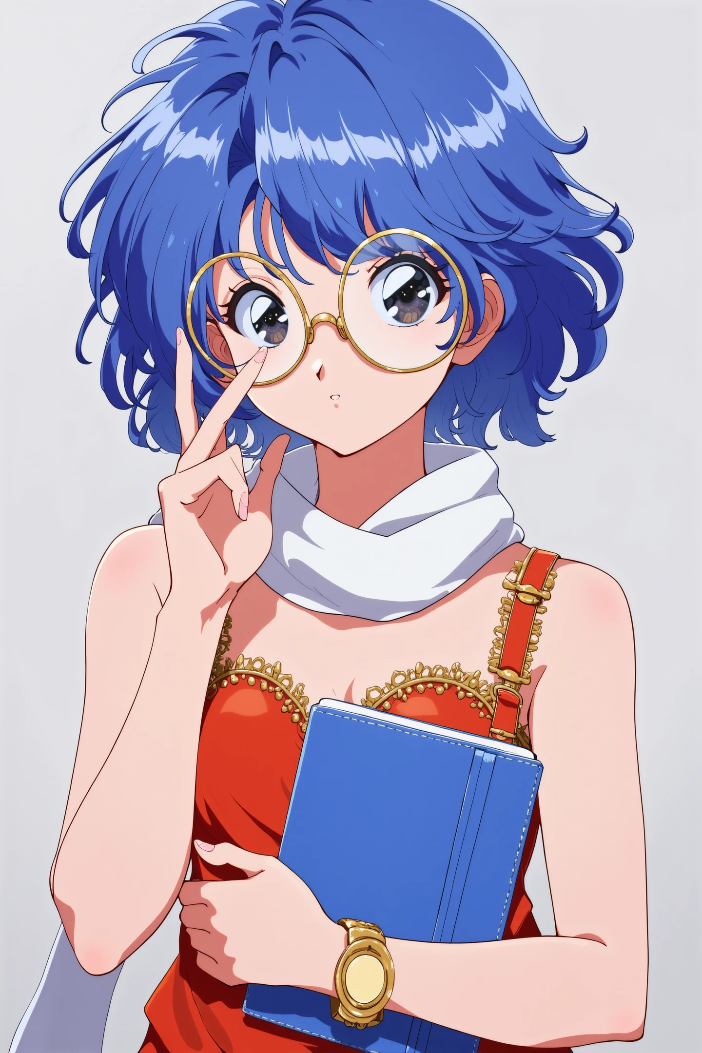 This is a digital anime-style drawing featuring a young woman with voluminous,curly blue hair and large,expressive eyes. She has a fair complexion and is wearing a red,sleeveless top with intricate golden detailing around the neckline and straps. Her outfit also includes a white scarf draped around her neck,and she has a pair of round,gold-rimmed glasses perched on her nose. She holds a blue,leather-bound notebook close to her chest with both hands,using her left hand to adjust her glasses. Her right hand is adorned with a large,golden bracelet. The background is a simple gradient of light to dark grey,ensuring the focus remains on the character. The drawing style is vibrant and detailed,with clean lines and a polished finish typical of high-quality anime illustrations. The character's expression is one of concentration or contemplation,with her lips slightly parted. The overall composition and color palette evoke a sense of intelligence and curiosity,making the character appear both studious and adventurous.,
<lora:hrn_yc:1>,