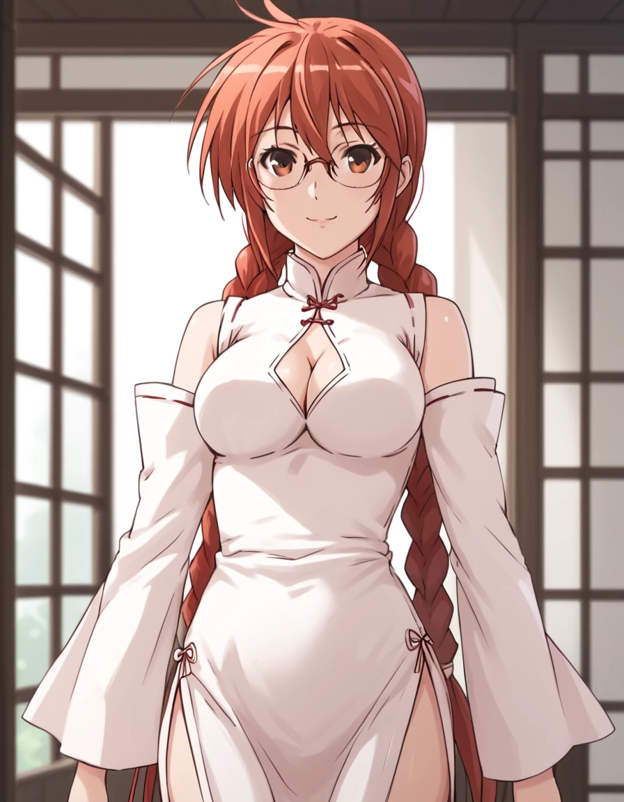 Matsu, very long hair, twintails, brown eyes, braid, red hair, detached sleeves, glasses, white dress, twin braids, cleavage cutout, china dress, side slit, score_9, score_8_up, score_7_up, score_6_up, score_5_up, score_4_up, source_anime  ,<lora:SekireiSet1:1>, soft smile, portrait,