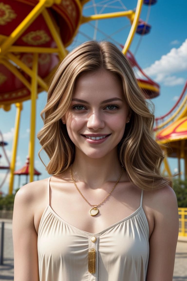 European woman, closeup, (shirt), pants, (amusement park), gold necklace , smiling , ZM_lara, wide shoulders, perfect face, (contact iris: 1.1), pale skin, skin pores , depth of field