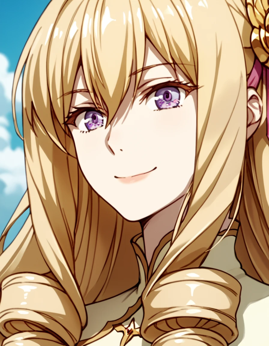 Rosa, blonde hair, very long hair, purple eyes, drill hair, score_9, score_8_up, score_7_up, score_6_up, score_5_up, score_4_up, source_anime  <lora:GreatestDemonLordRebornasNobody:1>, portrait, soft smile,