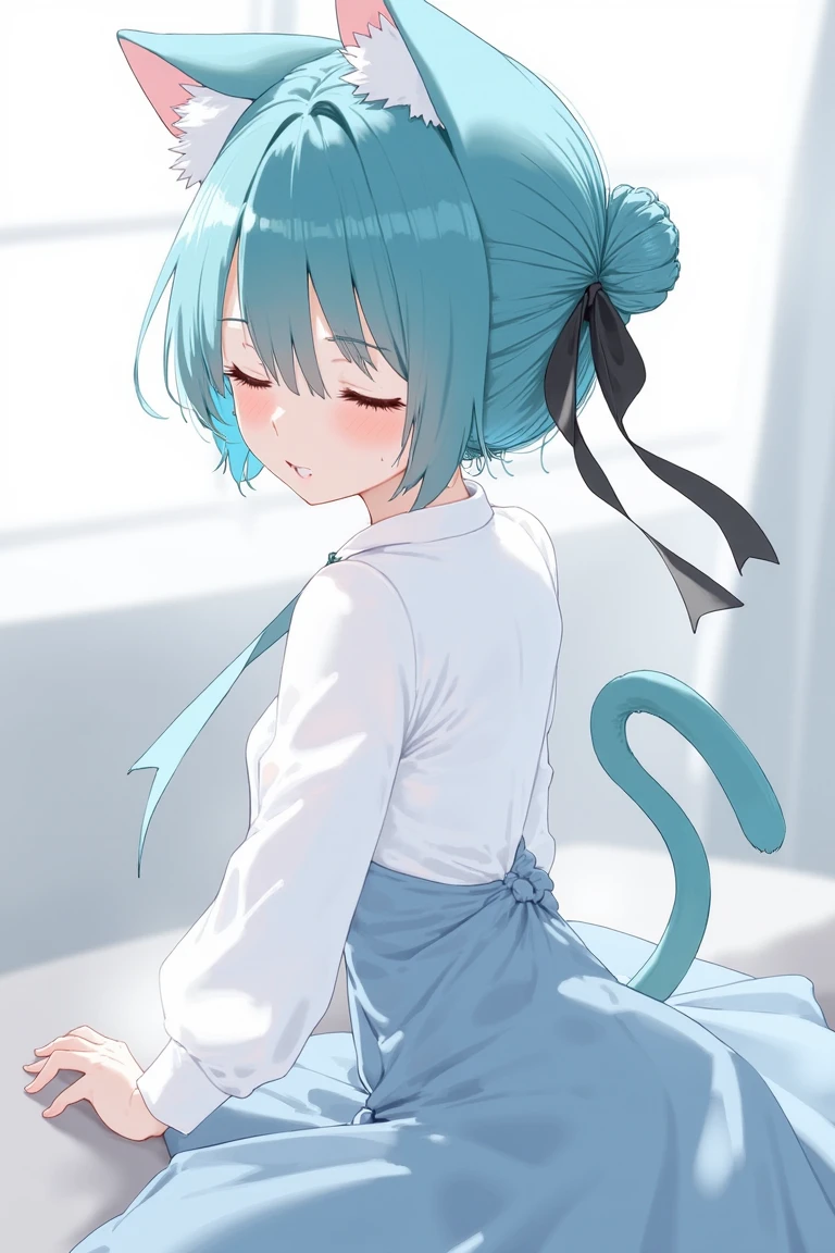 Hatsune Miku, shirt, aqua hair, dress, ribbon, closed eyes, tail, virtual youtuber, blue hair, hair bun, black ribbon, cat ears, wearing white boy friend shirt