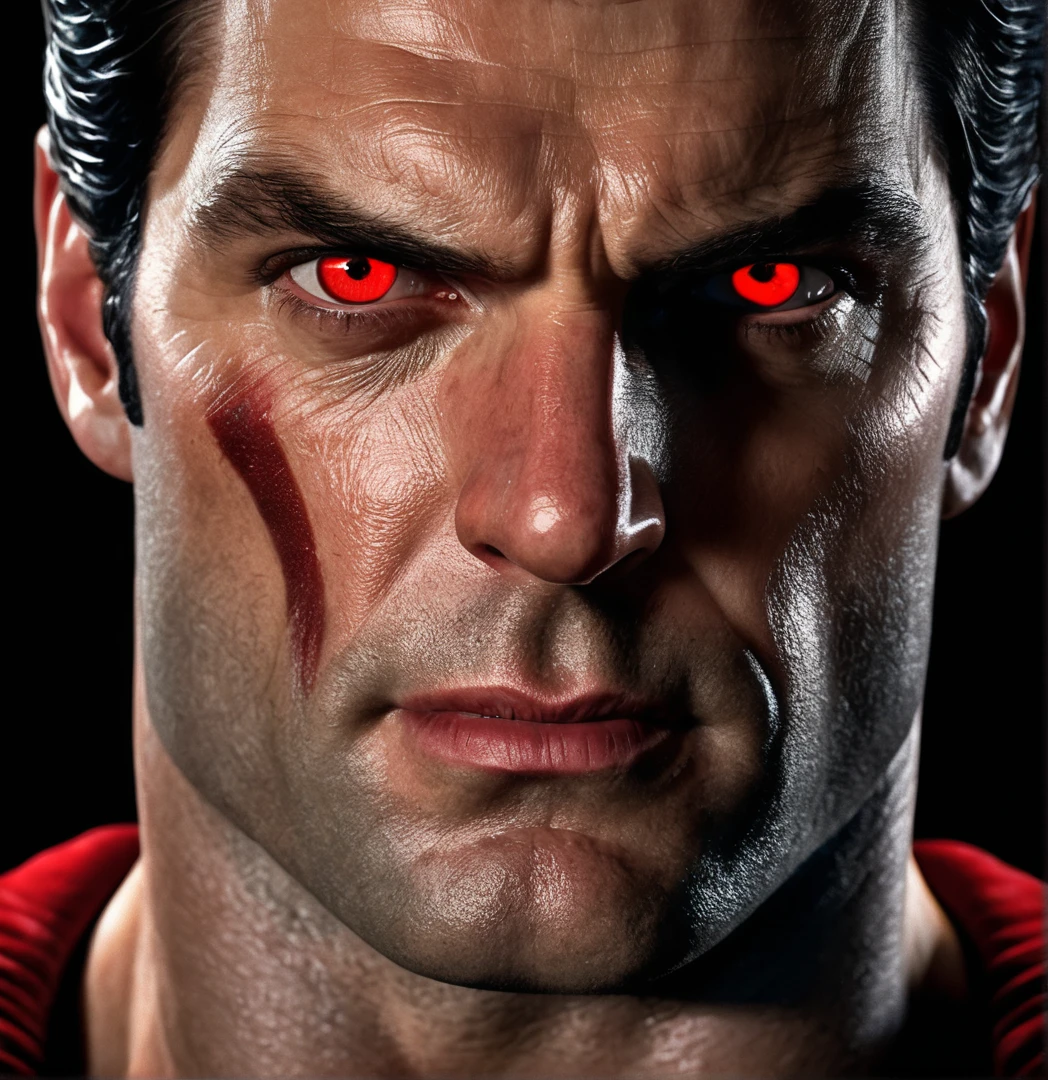 Hyperrealistic, detailed photorealism style, superman staring at viewers in anger, glowing red eyes, Extremely high-resolution details, photographic, realism pushed to extreme, fine texture, incredibly lifelike, photo of  herny cavill, <lora:3DMM_V12:1>, <lora:InstantPhotoX3:1>