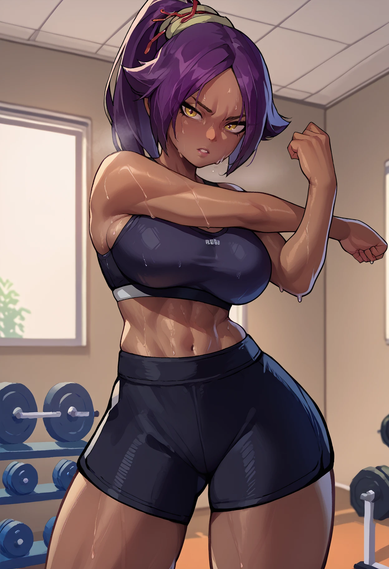 score_9, score_8_up, score_7_up, source_anime, <break> cross-body stretch, stretching, solo, 1girl, ShihouinYoruichi, dark-skinned female, sweat, parted lips, looking at you, standing, black sports bra, black shorts, short shorts, large breasts, indoors, gym
 <segment:yolo-face_yolov8m.pt,0.4,0.5//cid=1>