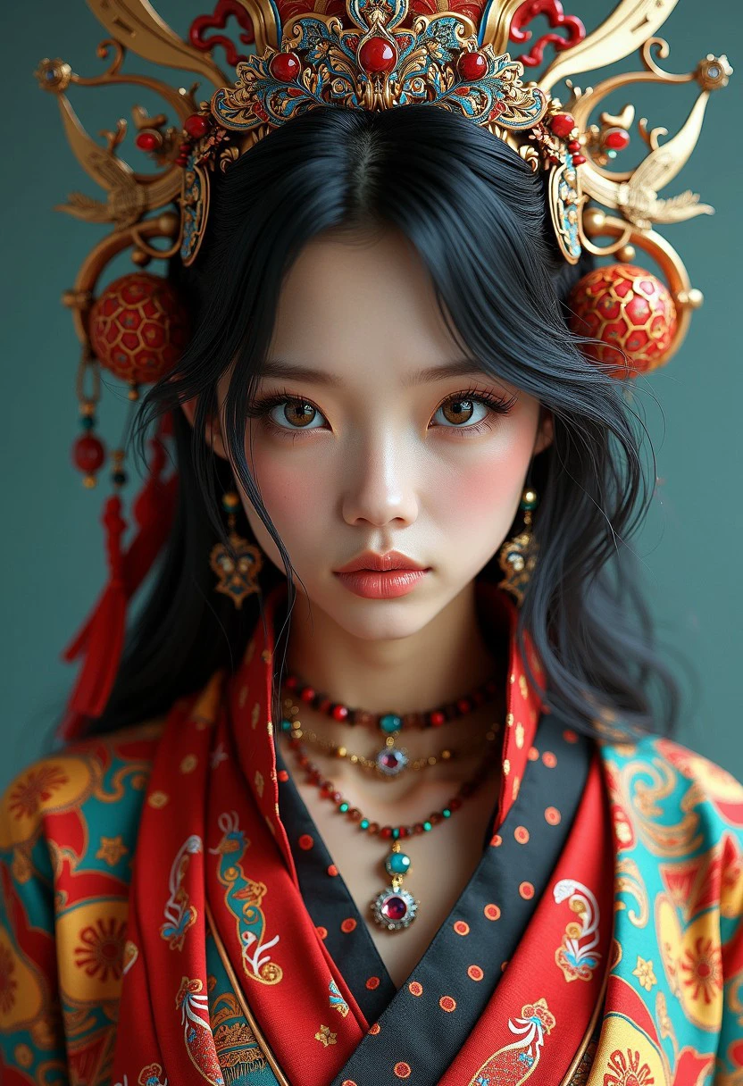 (best quality), (masterpiece), (detailed), 8K, Hyper-realistic portrait depicts a (futuristic Japanese girl1.5) adorned in (ornate Indonesian-inspired fantasy attire1.4). Vibrant (batik-patterned fabrics1.3), (holographic flourishes1.3), and (advanced synthetic materials1.3) drape elegantly across her (chiseled features1.3), blending (rich cultural heritage1.3) with (cutting-edge technology1.3). Her (intense gaze1.4) commands attention, conveying a sense of (regal confidence1.3) and (mystical power1.3) within this (sleek, modern1.2) setting. Trending on Artstation.