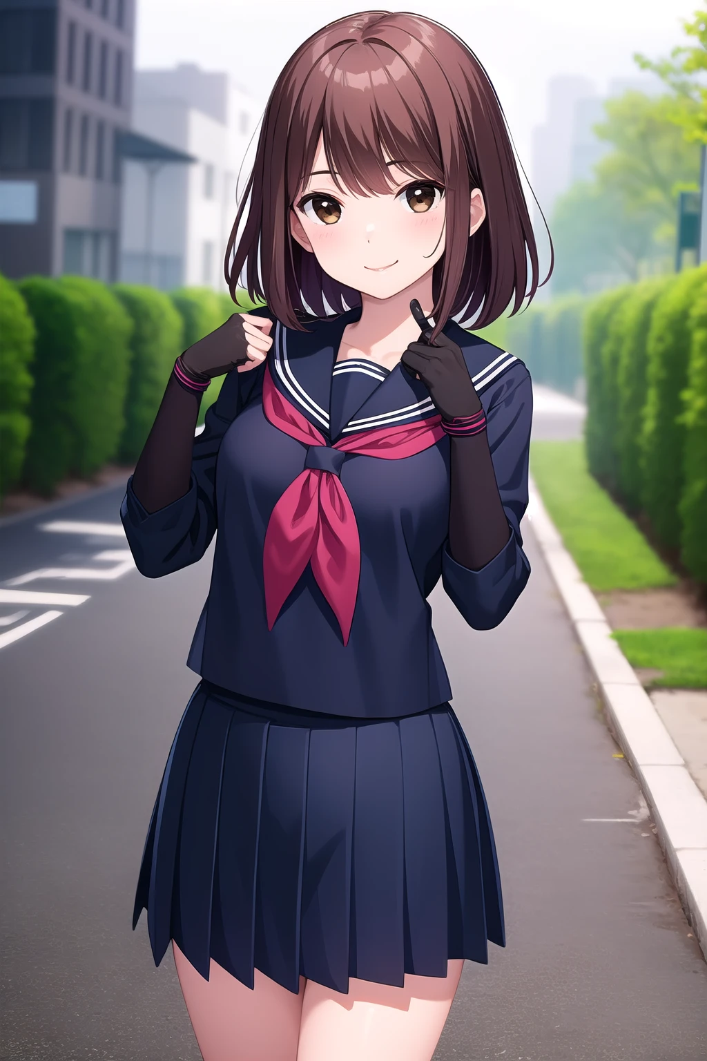 (masterpiece, best quality), highly detailed background, perfect lightingbest quality, shiinakokomi, solo, outdoors, nature, city, brown hair, swept bangs, medium hair, brown eyes, medium breasts, black serafuku, black shirt, black sailor collar, red neckerchief, long sleeves, fingerless gloves, black gloves, black skirt, pleated skirt, school uniform, smile, closed mouth, :), pink lips, <lora:Shiina-Kokomi:0.7>