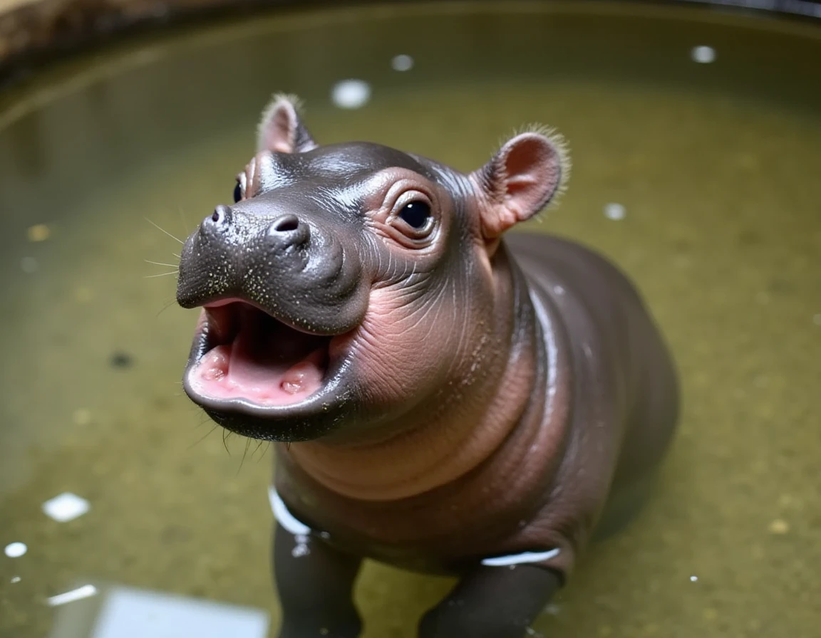 a photo of a happy cute small tiny mini baby hippo at the petting zoo, playing in the water,<lora:baby_hippo:1>