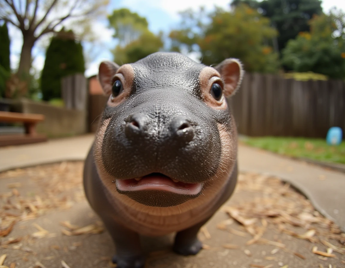 a photo of a happy cute small tiny mini baby hippo at the petting zoo <lora:baby_hippo:1>, <lora:style_of_cat_fisheye_FLUX_323:1> style of fisheye