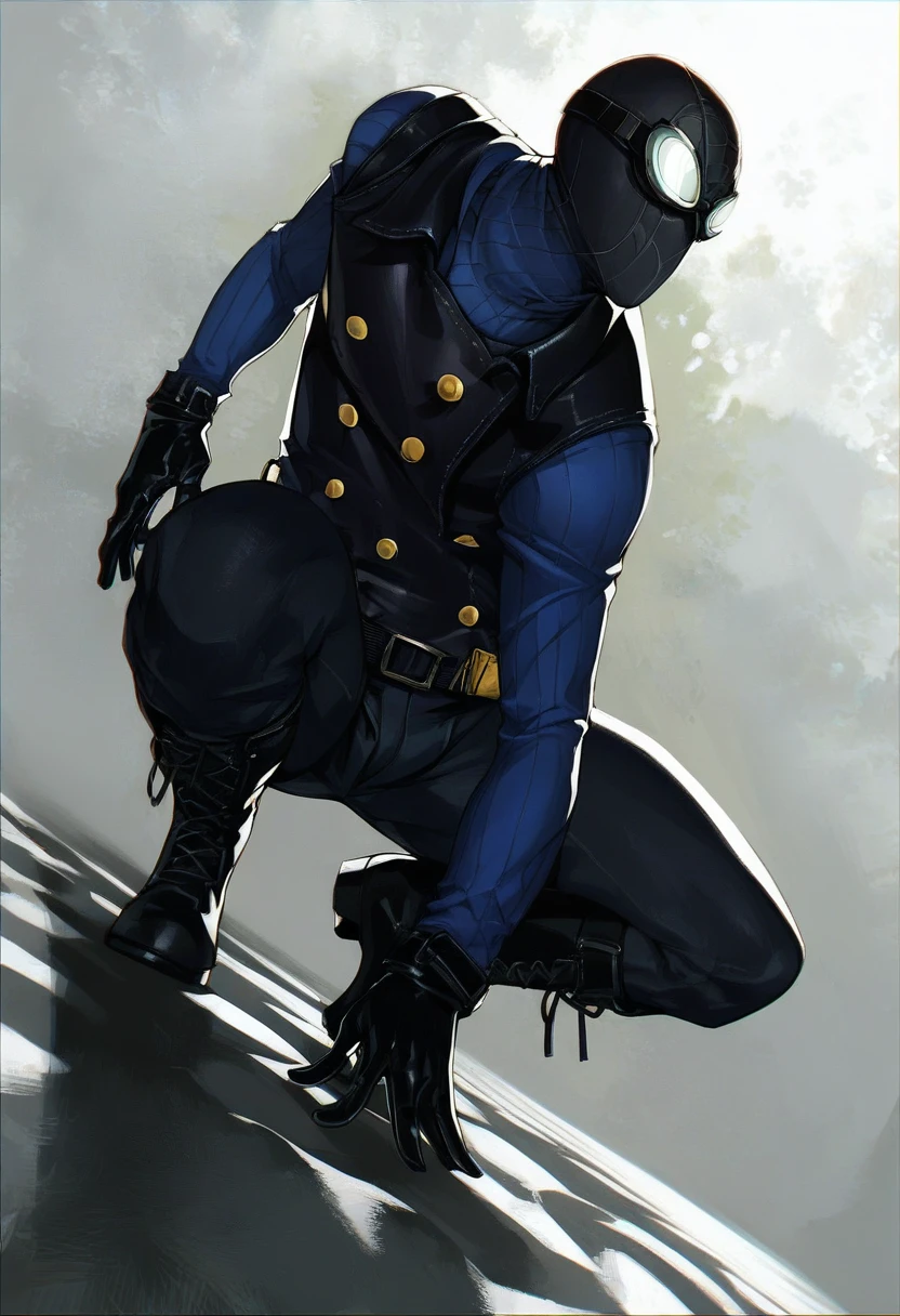 score_9, score_8_up, score_7_up BREAK smnoir, 1boy, squatting, mask, belt, dutch angle, shirt, vest, black pants, black gloves, goggles, boots, buttons, solo, male <lora:Spider-Man_Noir_-_Character_LoRA_PonyXL-000025:1>