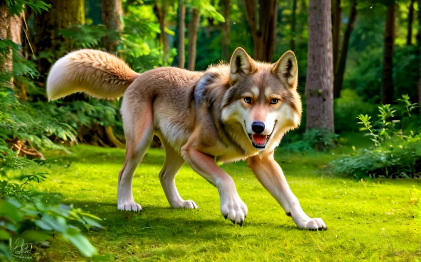 ultra realism, ultra high quality and object focus sharpness, 4K, 8K, HDR, realistic image with high quality, excellent resolution, clear, detailed and well-focused images, detailed and correct anatomy depicting the image ((wolf ) ) in the forest ,aggressive and threatening expression of the wolf,attacking pose,dynamics of the image,illumination golden hour,sunrays are passing through the leaves of the trees