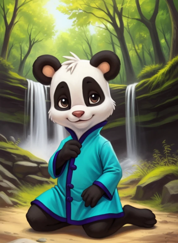 <lora:LingLingAmyRosMilPowYif:1> LingLingAmyRosMilPow, Panda, chibi, small body, blue robe with purple edges,
Looks at the viewer, [  solo, (nature), forest, day, clouds, waterfall,]  (kneeling one leg)
(beautiful, aesthetic, perfect, delicate, intricate, saturated colors), masterpiece, digital drawing, best quality,
[by kenket|by totesfleisch8], by thebigslick:by silverfox5213:0.8], [by syuro, by paloma-paloma::0.2, (Tricksta, TotesFleisch8)