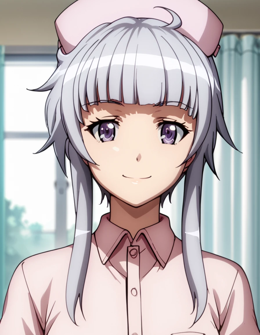 Kyou-Kagami, short hair, purple eyes, grey hair, ahoge, blunt bangs, short hair with long locks, white pantyhose, nurse cap, nurse, pink dress, score_9, score_8_up, score_7_up, score_6_up, score_5_up, score_4_up, source_anime  <lora:Ben-Tou:1>, soft smile, portrait,