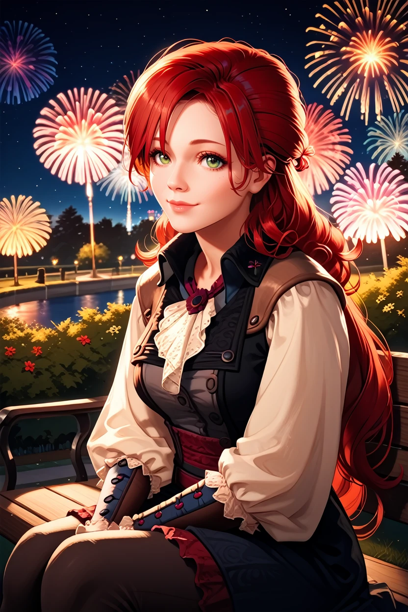 score_9, score_8_up, score_7_up, score_6_up
<lora:ACUElise:1.0>
ACUElise, 1girl, red hair, long hair, green eyes, looking at viewer, sitting, at night, fireworks, park, looking up, smile