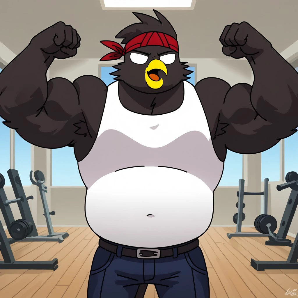 male, solo, white eyes, tongue, robust, yellow beak, orange feet with claws, no pupils, Anthropomorphic bird, White Tank Top, Red Bandana on Head, Blue Tight Pants, fat, 4k, masterpiece, best quality, highly detailed, detail background, in a gym, lifting a barbell while flexing his muscles, surrounded by training equipment, with a large window behind showing the city