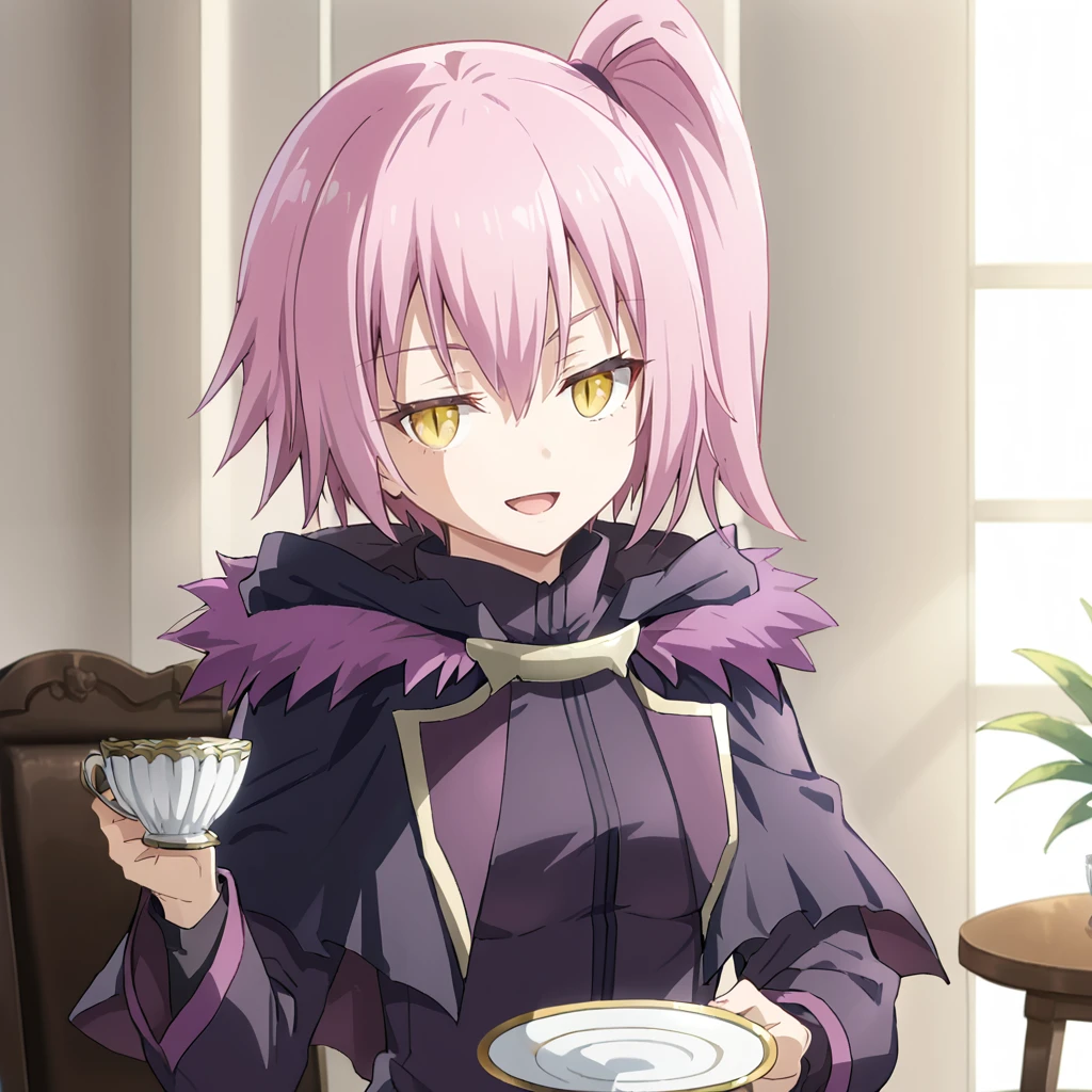 1girl, solo, ultima, slit pupils, pink hair, purple hair, short hair, side ponytail, yellow eyes, bangs, hair between eyes, breasts, small breasts, black jacket, fur trim, purple trim, capelet, long sleeves, hips, head tilt, smug, open mouth, looking at viewer, holding cup, saucer, plate, holding, 
<lora:Ultima:0.8>