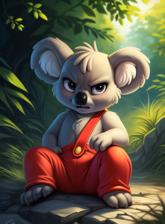 <lora:BlinkyBillAmyRosMilPowAroYif:1> BlinkyBillAmyRosMilPowAro, koala, gray fur, chibi, small body, red pants with suspenders,
Looks at the viewer, [  solo, (nature), forest, day, clouds, waterfall,]  (angry pose) 
(beautiful, aesthetic, perfect, delicate, intricate, saturated colors), masterpiece, digital drawing, best quality,
by ulitochka, by taran fiddler, by Silverfox5213, by personalami,