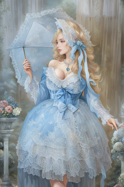 (masterpiece, best quality:1.2),illustration,8k,hd,1 girl,very long hair,(from above:1.4),solo,blonde hair,whdbd,blue dress,jewelry,necklace,bonnet,long sleeves,bow,lace trim,lace,frills,pantyhose,umbrella,(cleavage:1.2),(huge breasts:1.2),hands on own chest,(skyscraper:1.2),<lora:add-detail-xl:0.8>,<lora:whdbd XL:1.2>,