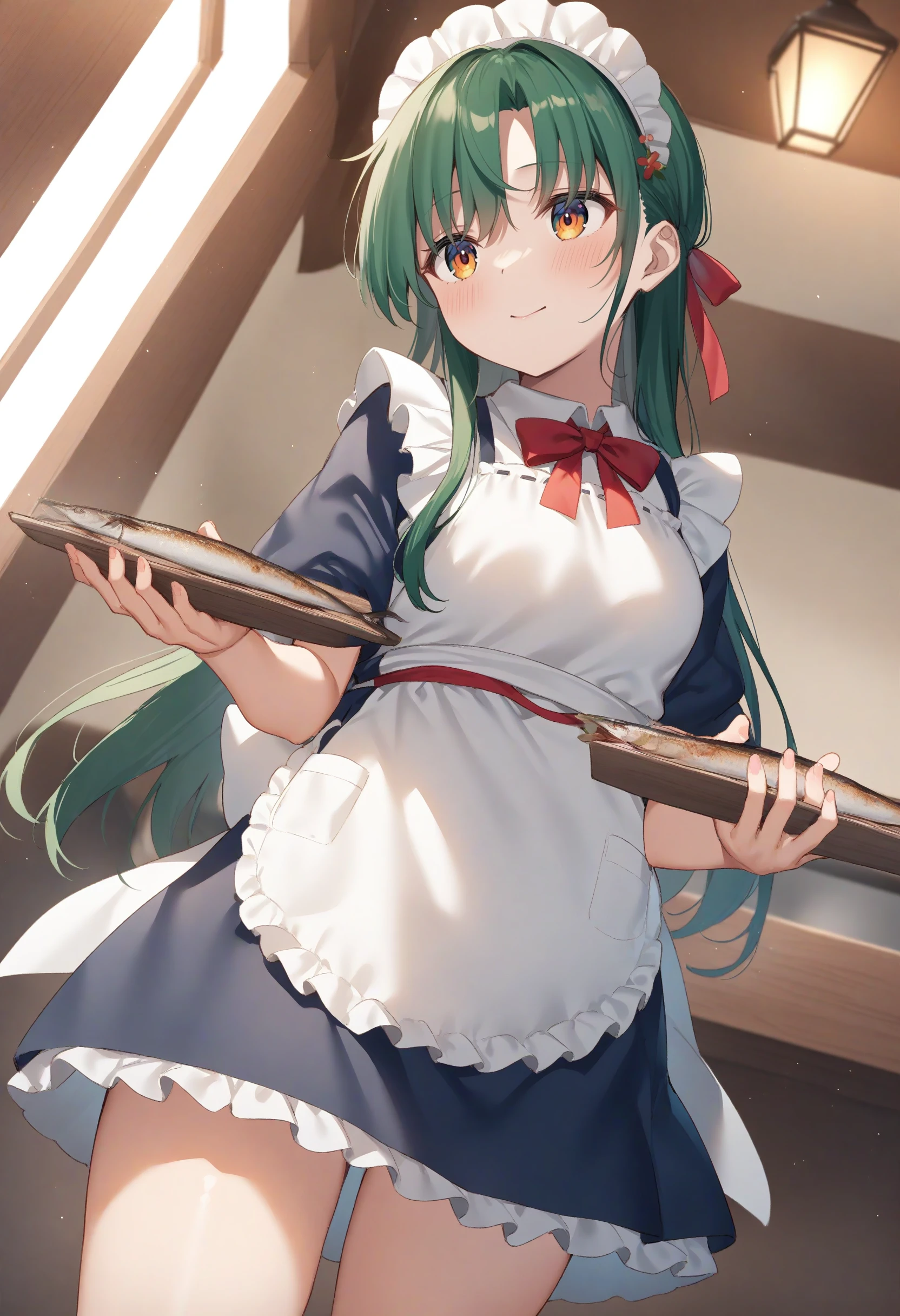 1girl,sincos, ningen mame, toosaka asagi,solo,medium breasts,20yo,maid,maid headdress,
saury, fish, apron, food, tray,holding tray,indoors, <lora:saury_XL_v1:0.8>
from below, cinematic angle, looking away, green hair, orange eyes,disdain, closed mouth, curly hair,,
best quality, very aesthetic, absurdres