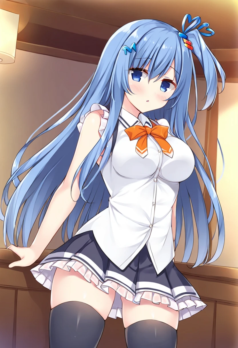 emori miku, blue eyes, blue hair, hair between eyes, blue hairclip, one side up, long hair, medium breasts, :d, white shirt, frills, bare shoulders, sleeveless, orange bow, frilled skirt, pleated skirt, black skirt, thighhighs, indoors, <lora:Character_Emori Miku:0.8>