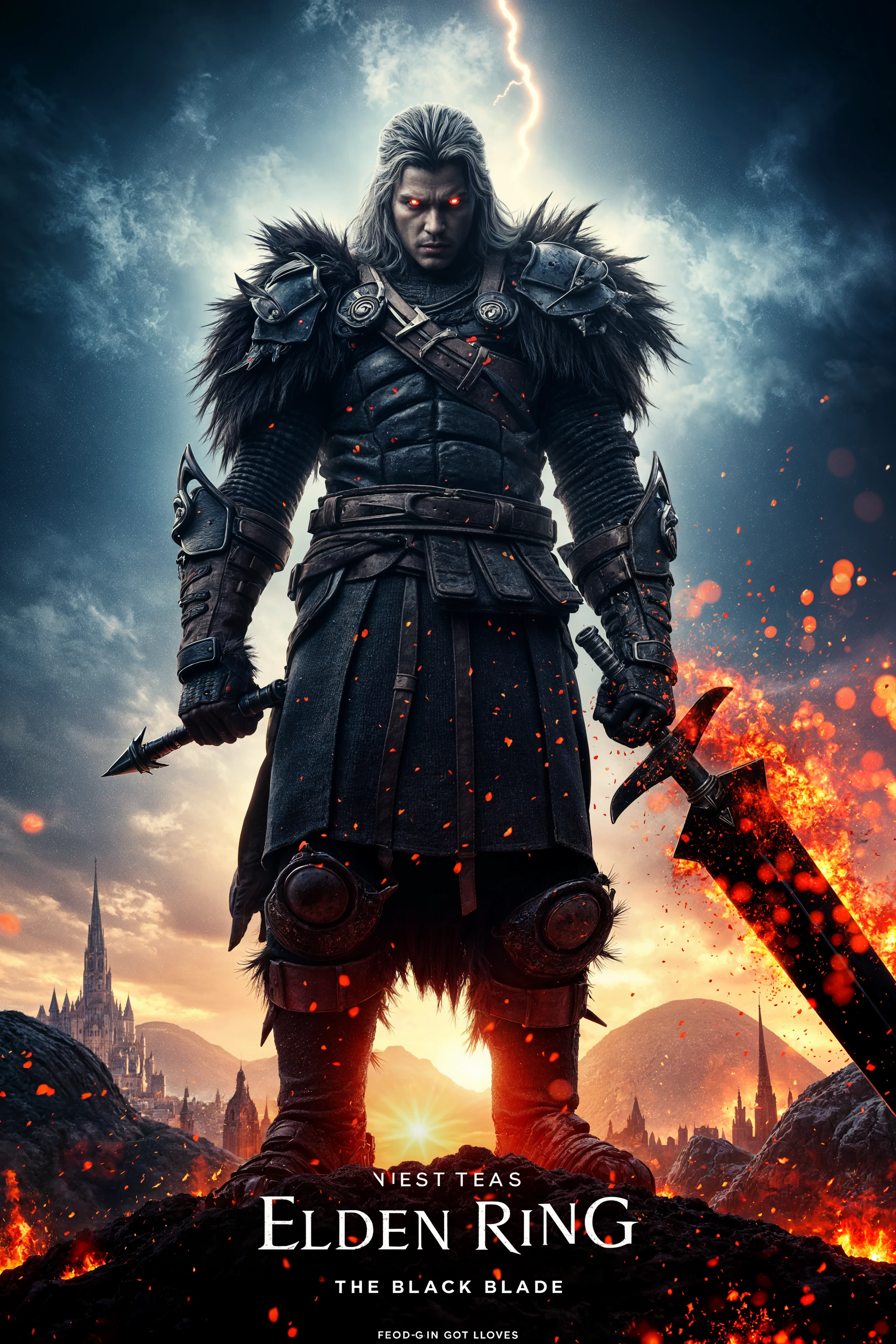 A realistic movie poster in the style of MV144, featuring title text 'Elden Ring' and subtitle text 'The Black Blade'. The central figure is a towering, beast-like warrior, clad in ancient, tattered armor with patches of fur, wielding a massive black sword that radiates crimson flames, partially consuming his form. His glowing eyes pierce through the shadows beneath his heavy helm.

The setting is a desolate altar at the peak of a ruined landscape. Behind him, the colossal Erdtree stretches upward, glowing faintly, casting eerie golden light on the shattered ground. The sky above is stormy, with swirling clouds and bursts of lightning illuminating distant, crumbling ruins. The atmosphere is ominous and filled with ash, creating a sense of impending doom, while the figure stands defiant, framed by the dark and decayed world.