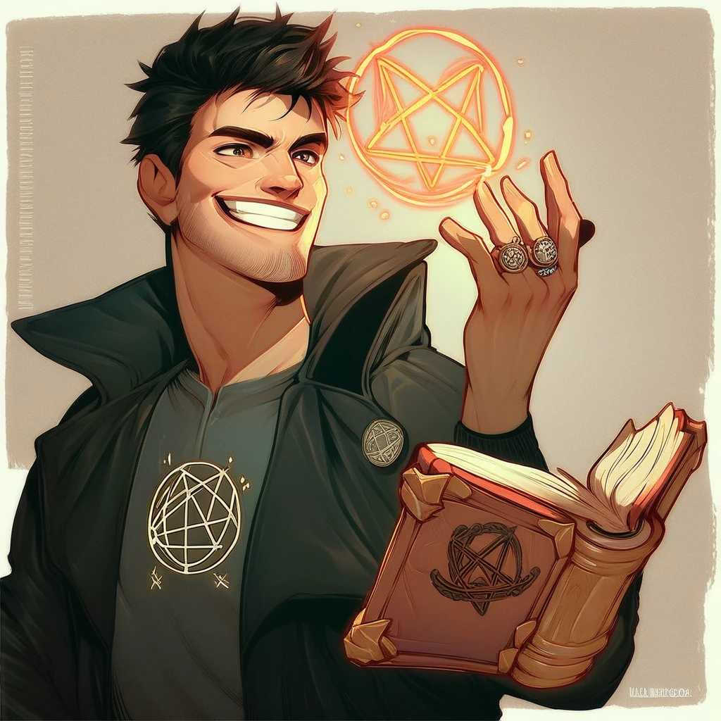 score_9, score_8_up, score_7_up, score_6_up, harry dresden, 1boy, male focus, solo, jewelry, black hair, smile, ring, book, jacket, hexagram, grin, facial hair, magic