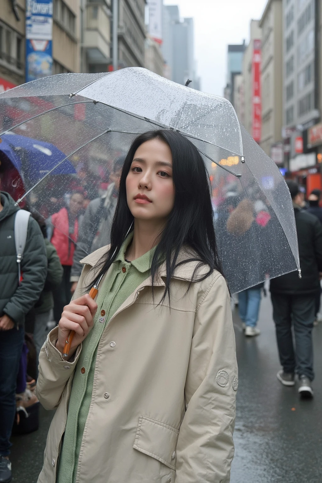 Instagram photo of a young woman J1500 standing outdoors in what appears to be a bustling city area. She is holding a transparent umbrella, suggesting that it is either raining or has recently rained. The woman is looking off to the side with a contemplative expression. Her attire is casual, consisting of a light-colored jacket over a collared shirt. The background is slightly blurred, highlighting the urban environment with buildings, signage, and people, likely in a busy street or marketplace.