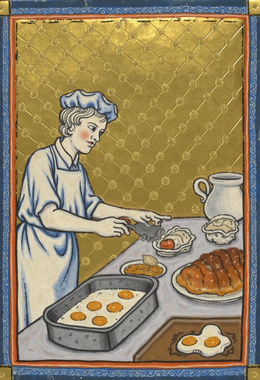 an illuminated manuscript illustration of a line cook making eggs in a diner, golden haggadah style