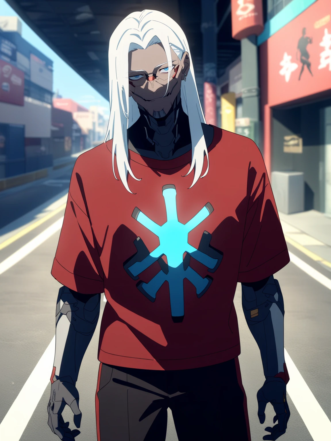 <lora:Cyberpunk_Edgrerunners-DoRA_V1:0.85>
very aesthetic, newest, best quality, masterpiece, absurdres, 1boy, male focus, cyborg, bishounen, long hair, white hair, blue eyes, red t-shirt, black pants, looking at viewer, cowboy shot, street, (day:1.1)