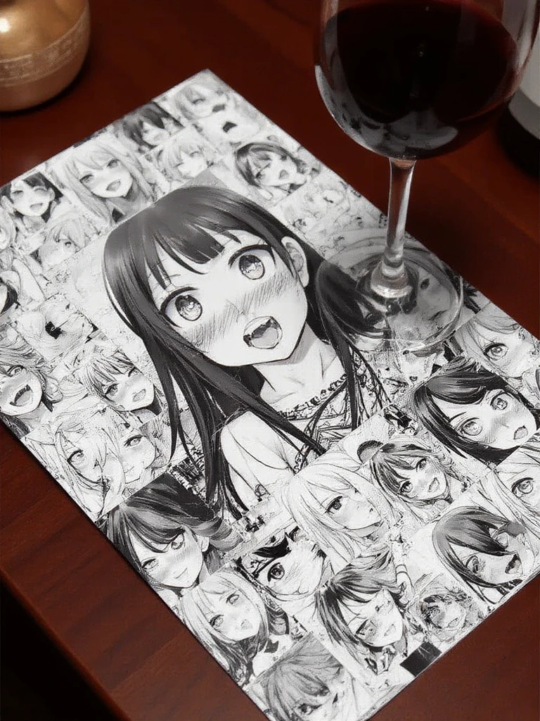 a piece of paper with high quality ahegao_pattern printed on it. The paper is sitting on a table. There is a glass of wine next to the paper.The photo is professionally shot., best quality, 4k, 8k, high resolution, cinematic, vibrant, intricate, Hyperrealistic, high detail