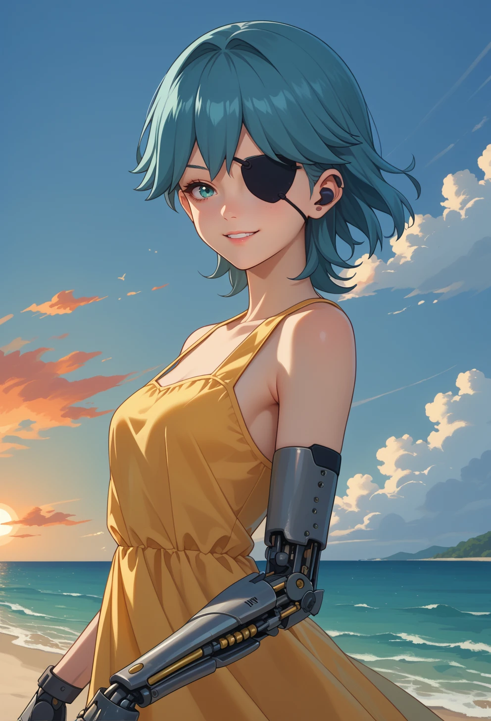 score_9, score_7_up, source_anime, BREAK <lora:AEOfelia:0.7> AEOfelia, aqua eyes, blue eyes, blue hair, short hair, prosthetic arm, single mechanical arm, eyepatch, sleeveless dress, smile, sundress, ocean, solo,